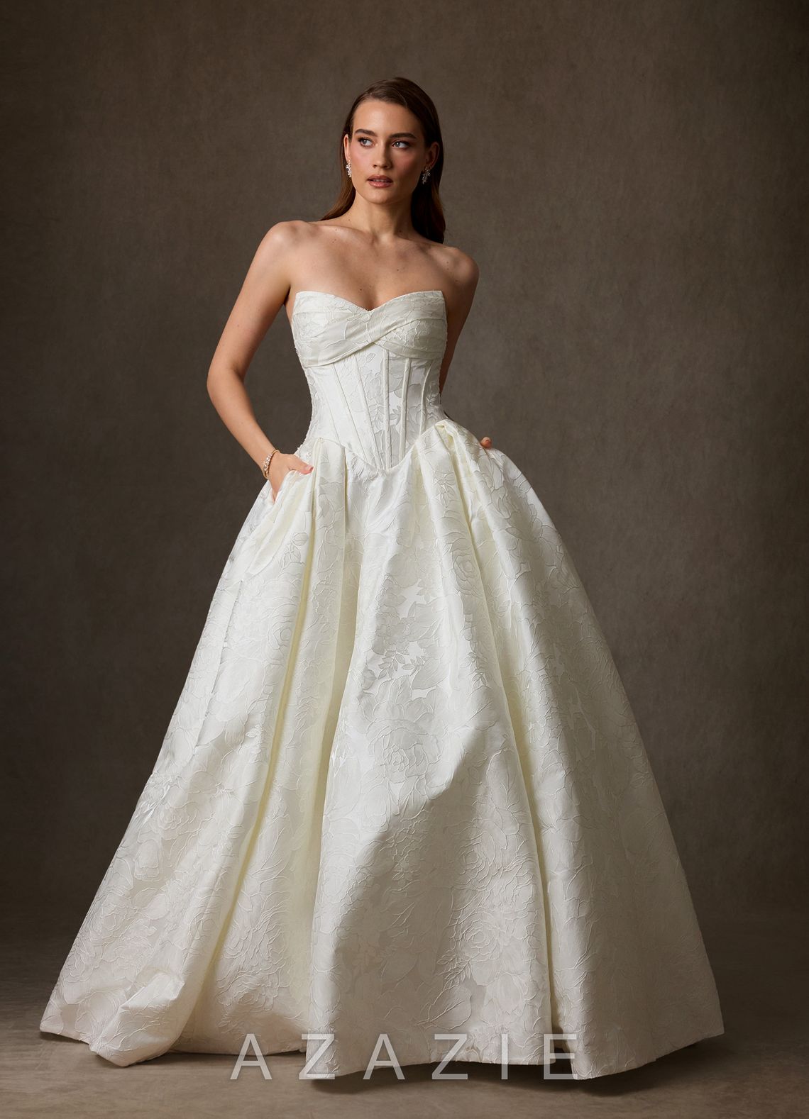 Azazie Genevieve Antique White Ball-Gown Strapless Floral Jacquard Dress