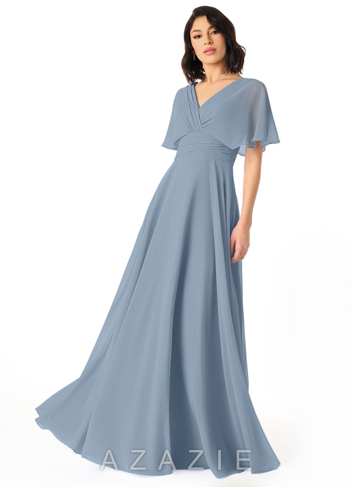 Azazie Pamela Dusty Blue A-Line V-Neck Pleated Chiffon Dress