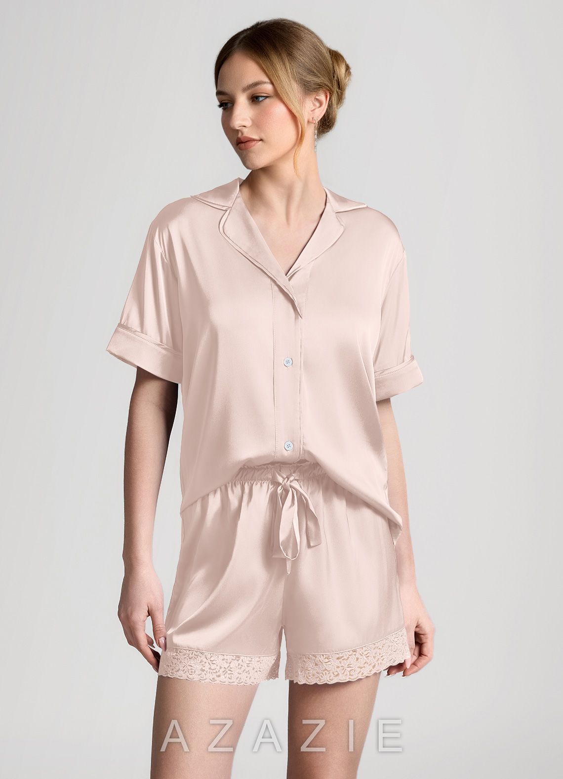 Satin Lace Trim Short Sleeve Pajama Set