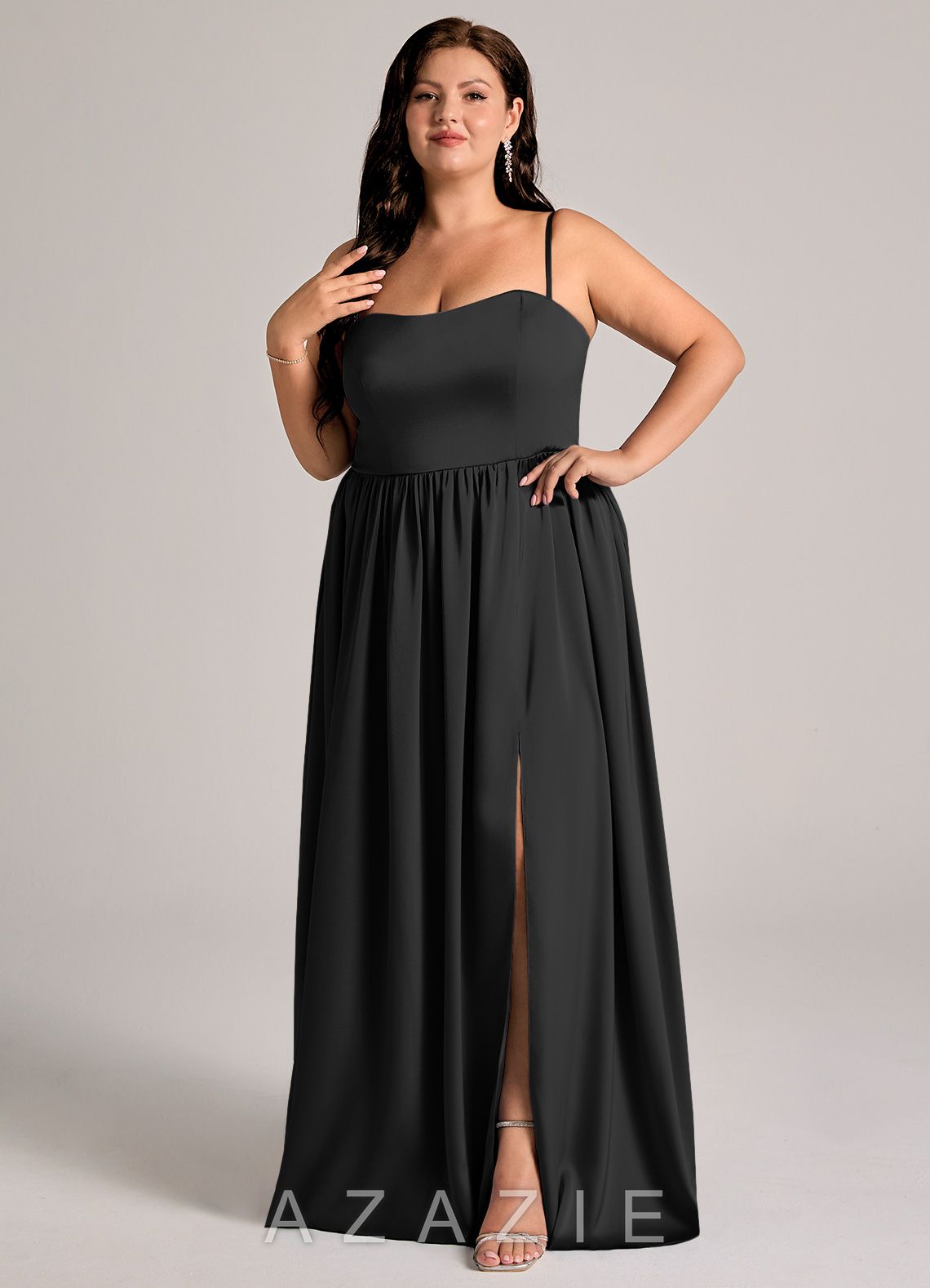 Azazie Calianna Black A-Line Off the Shoulder Stretch Satin Convertible Dress black