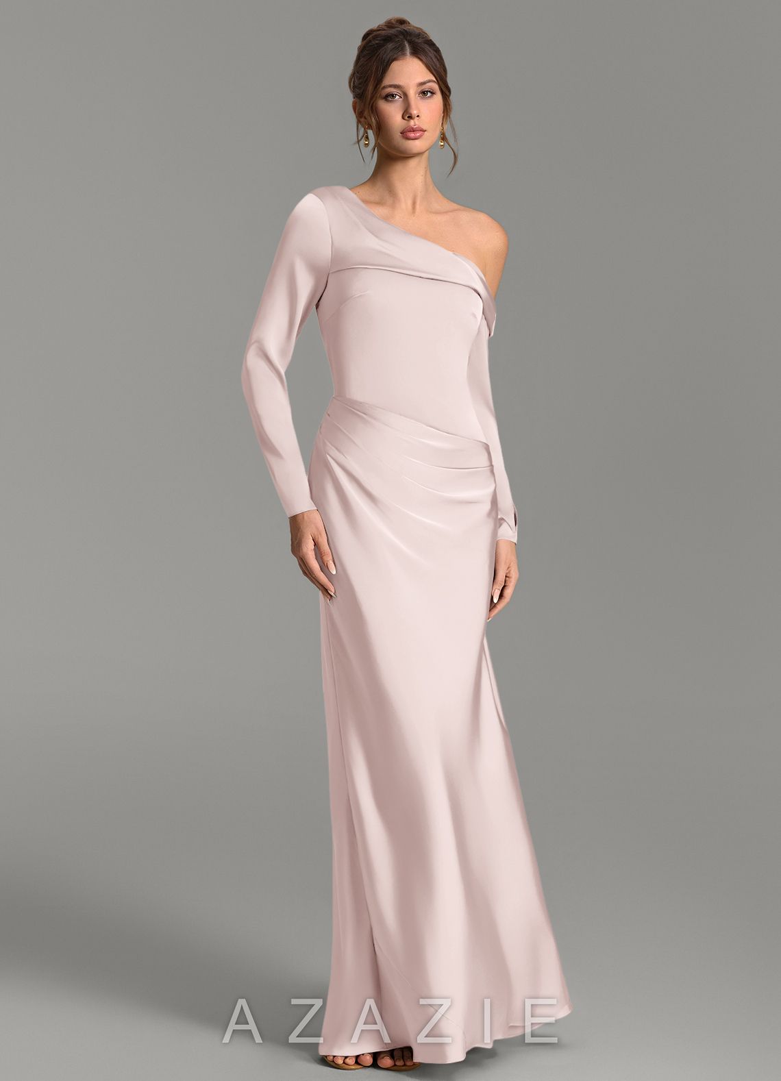 Azazie Sandra Blushing Pink Mermaid Long Sleeve Stretch Satin Dress blushing_pink