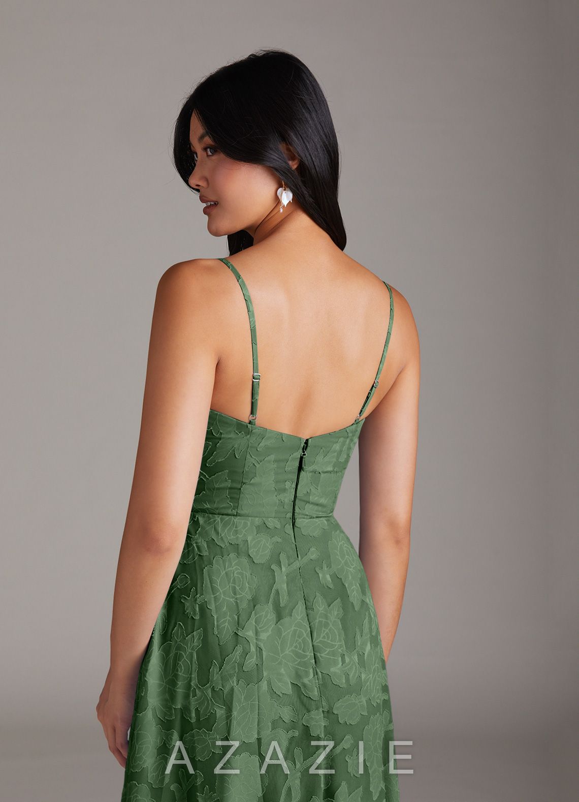 Azazie Moira Eucalyptus A-Line Side Slit Floral Burnout Dress eucalyptus