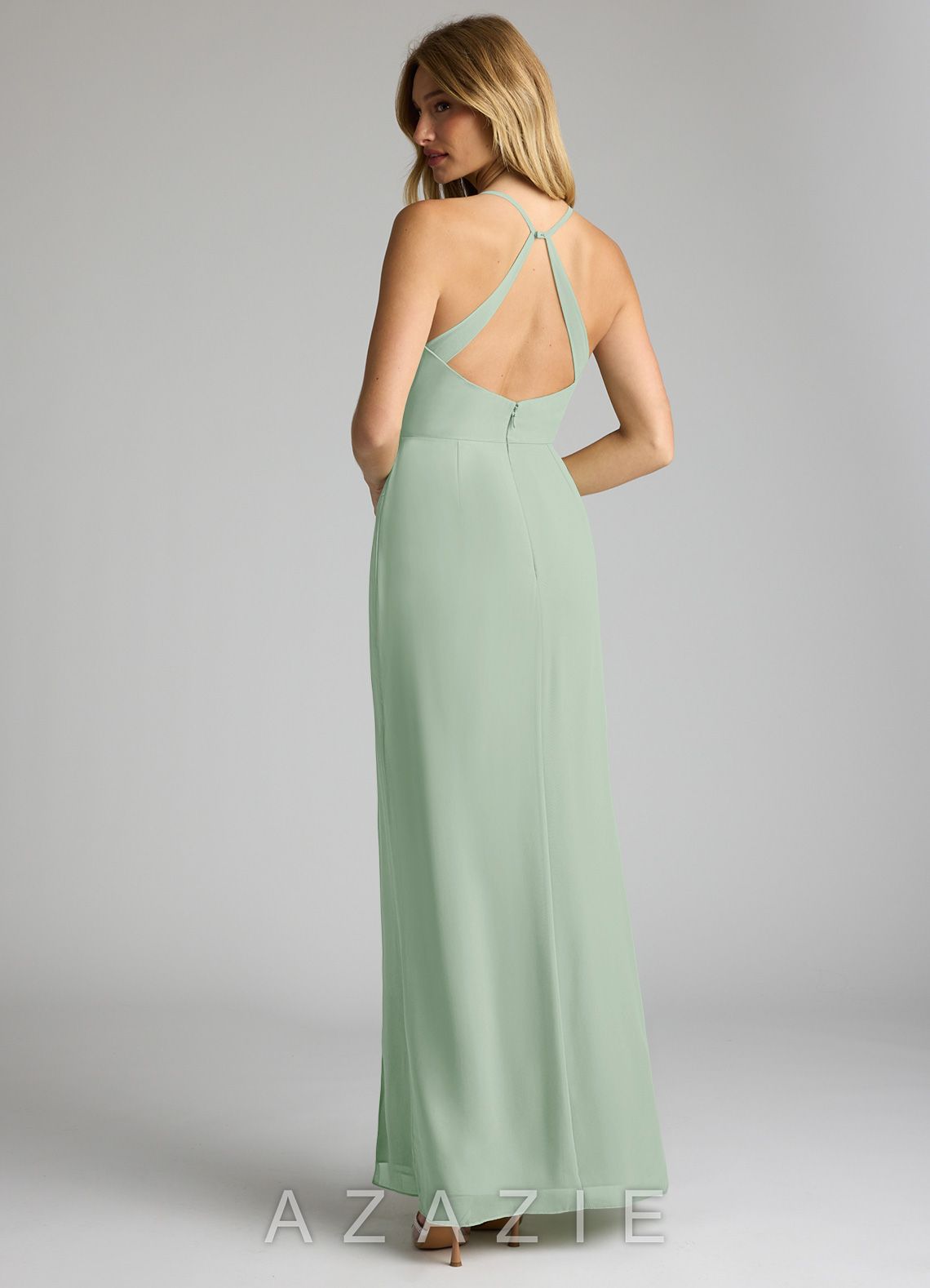 Azazie Becca Agave Sheath V-Neck Chiffon Dress agave
