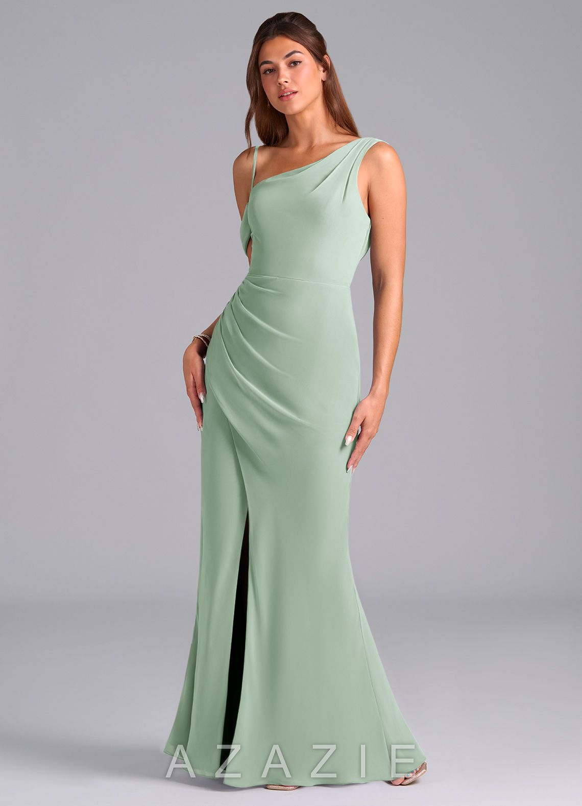 Azazie Madelyn Agave Mermaid One Shoulder Chiffon Convertible Dress agave