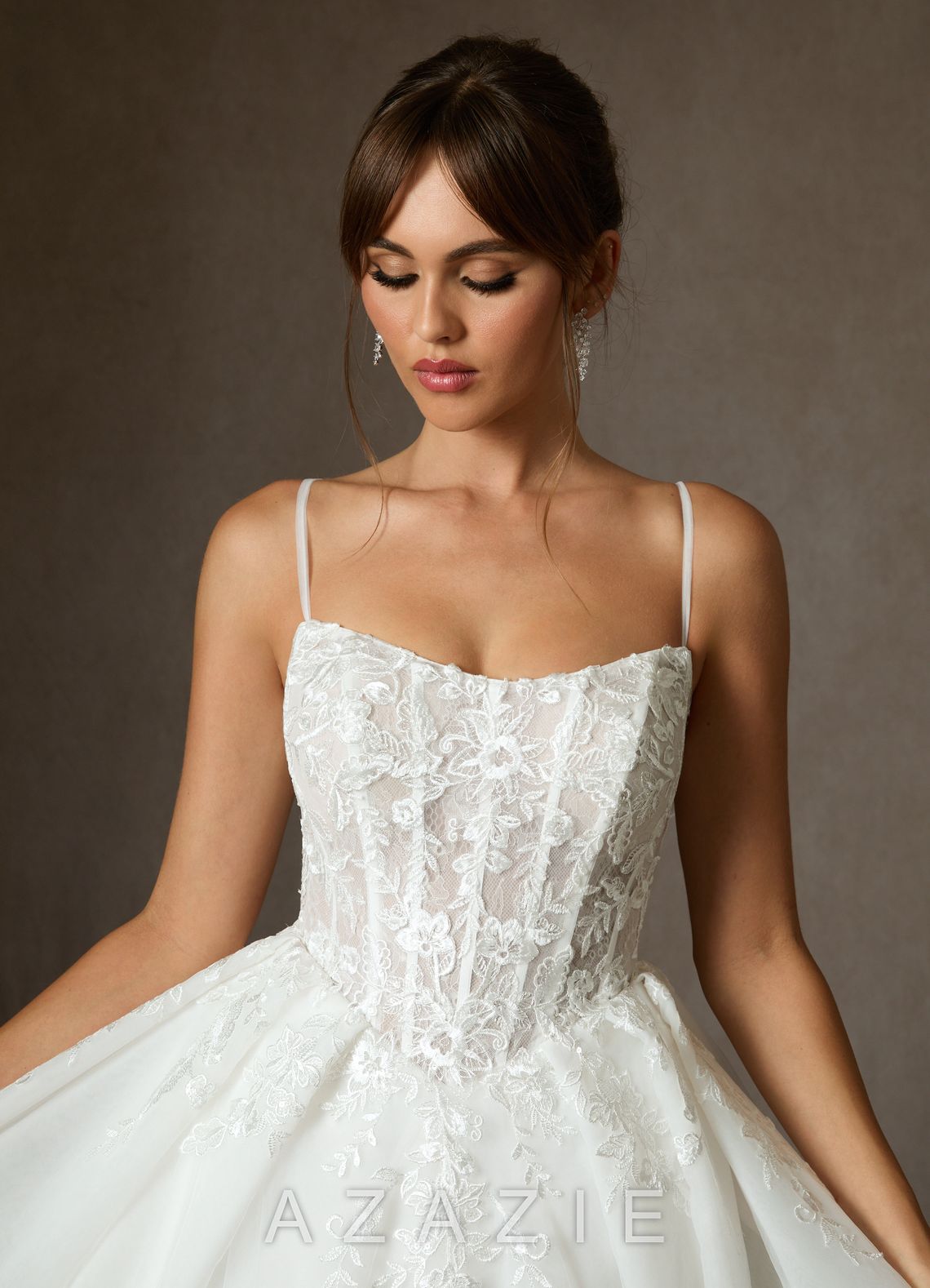 Azazie Ainsley Diamond White Ball-Gown Strapless Lace Dress