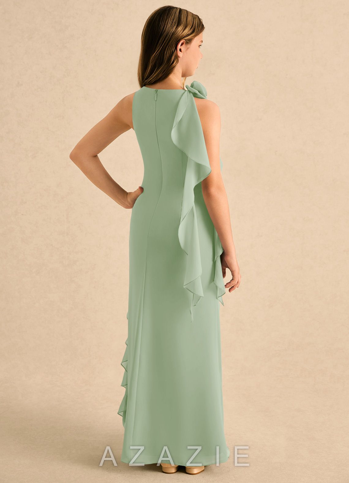 Azazie Manny Girls Formal Dusty Sage A-Line Pleated Chiffon Dress dusty_sage