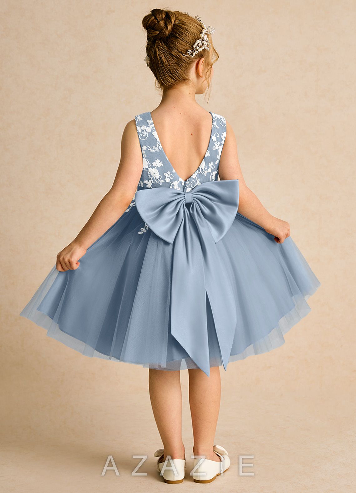 Azazie Butterfly Dusty Blue A-Line Lace Dress