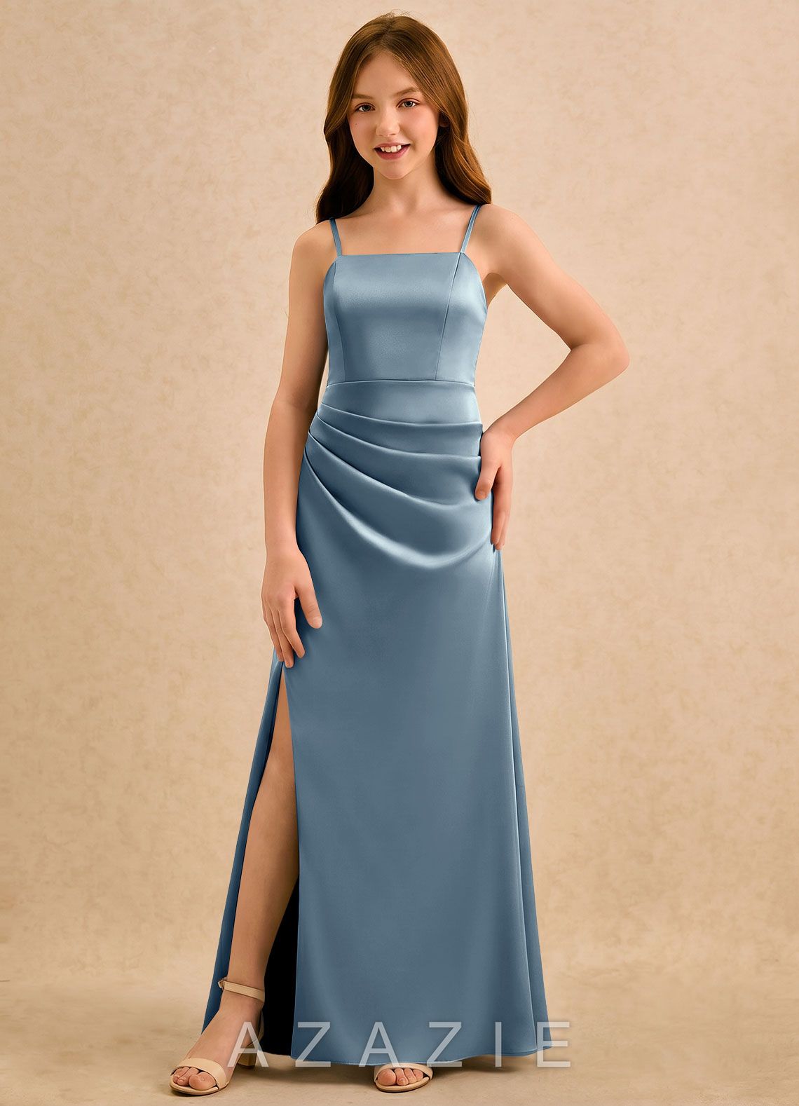 Azazie Cannoli Girls Formal Dusty Blue A-Line Pleated Stretch Satin Dress dusty_blue