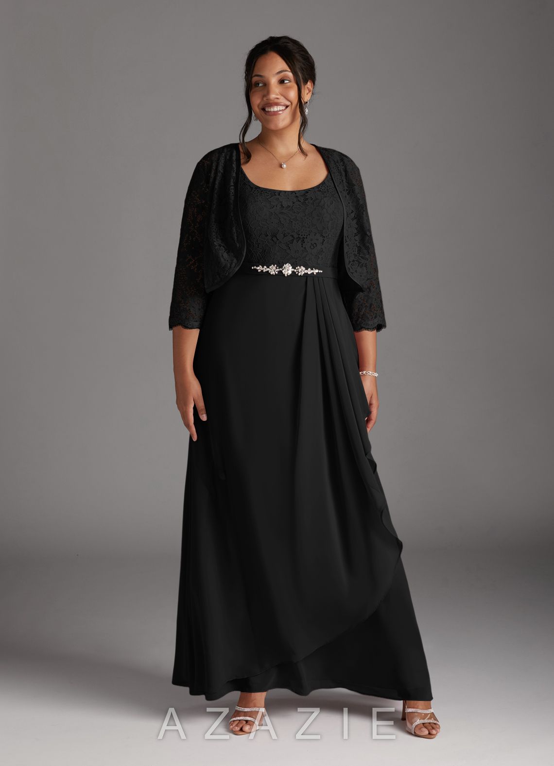 Azazie Ainsling Black A-Line Square Neckline Lace Chiffon Dress black