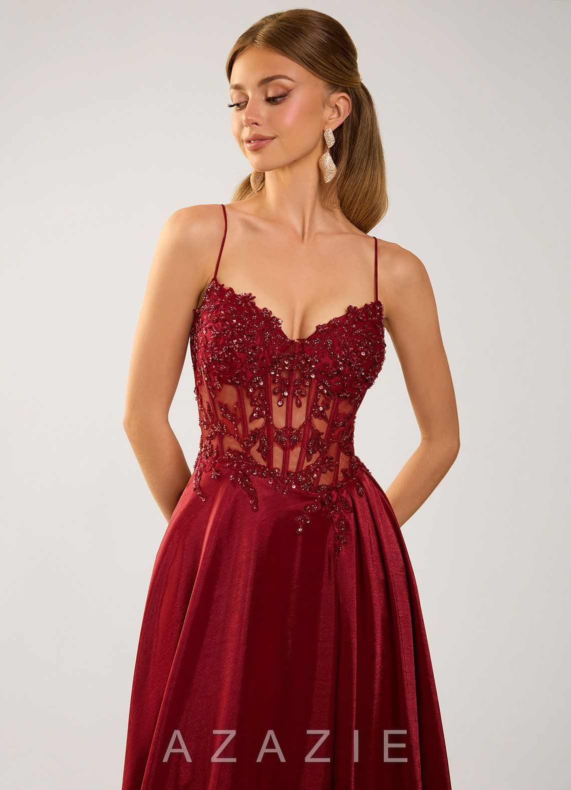 Isoldemark Burgundy Beading Sequin Embroidery Satin Prom Dress  burgundy