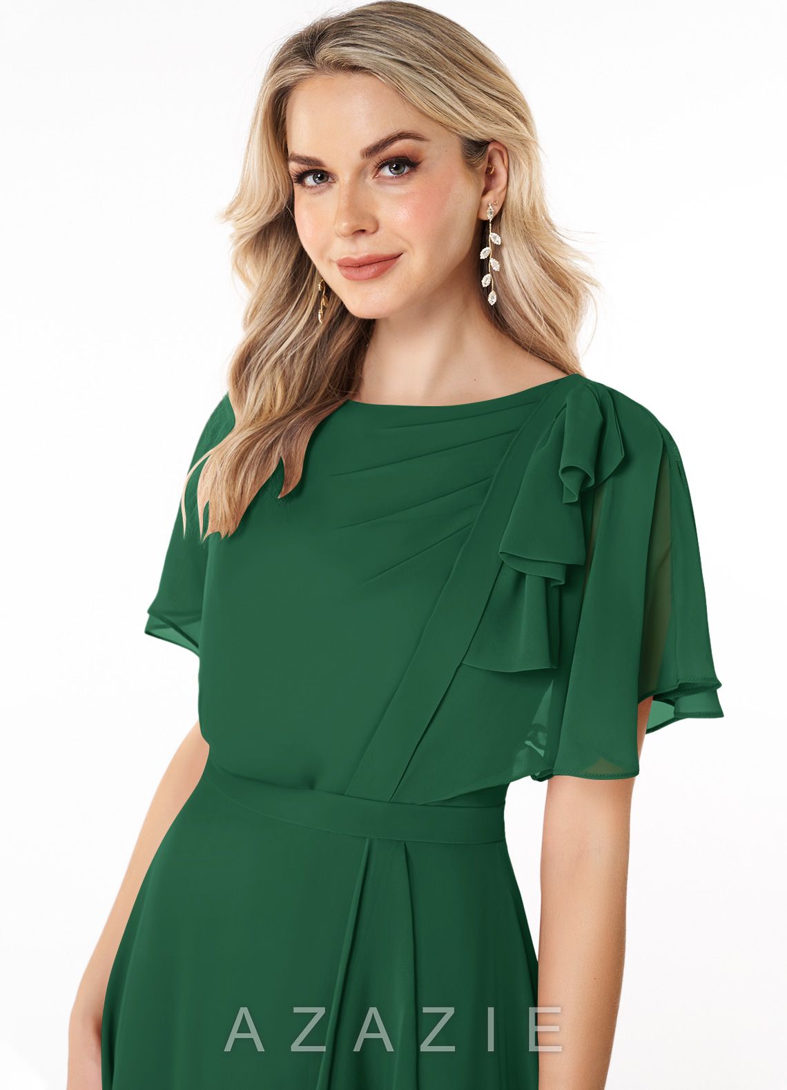 Azazie Aaliyah A-Line Scoop Pleated Chiffon Floor-Length Dress dark_green