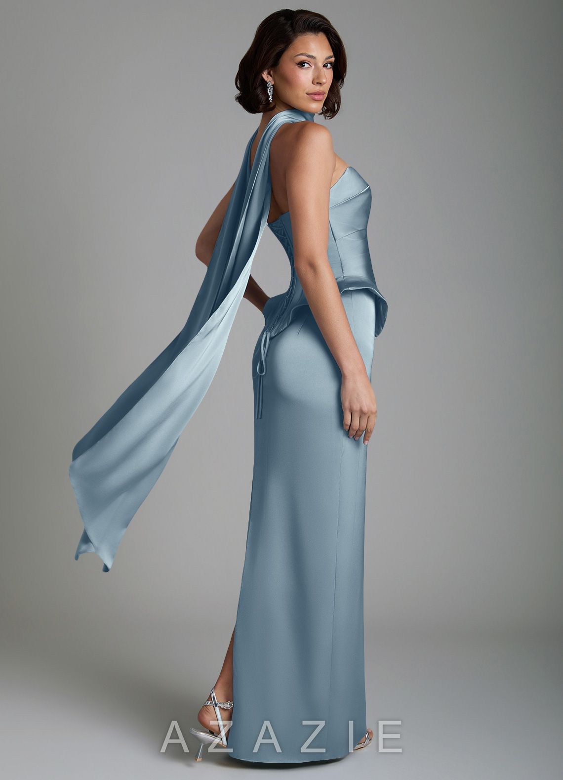 Azazie Harlow Dusty Blue Sheath Corset Stretch Satin Dress dusty_blue