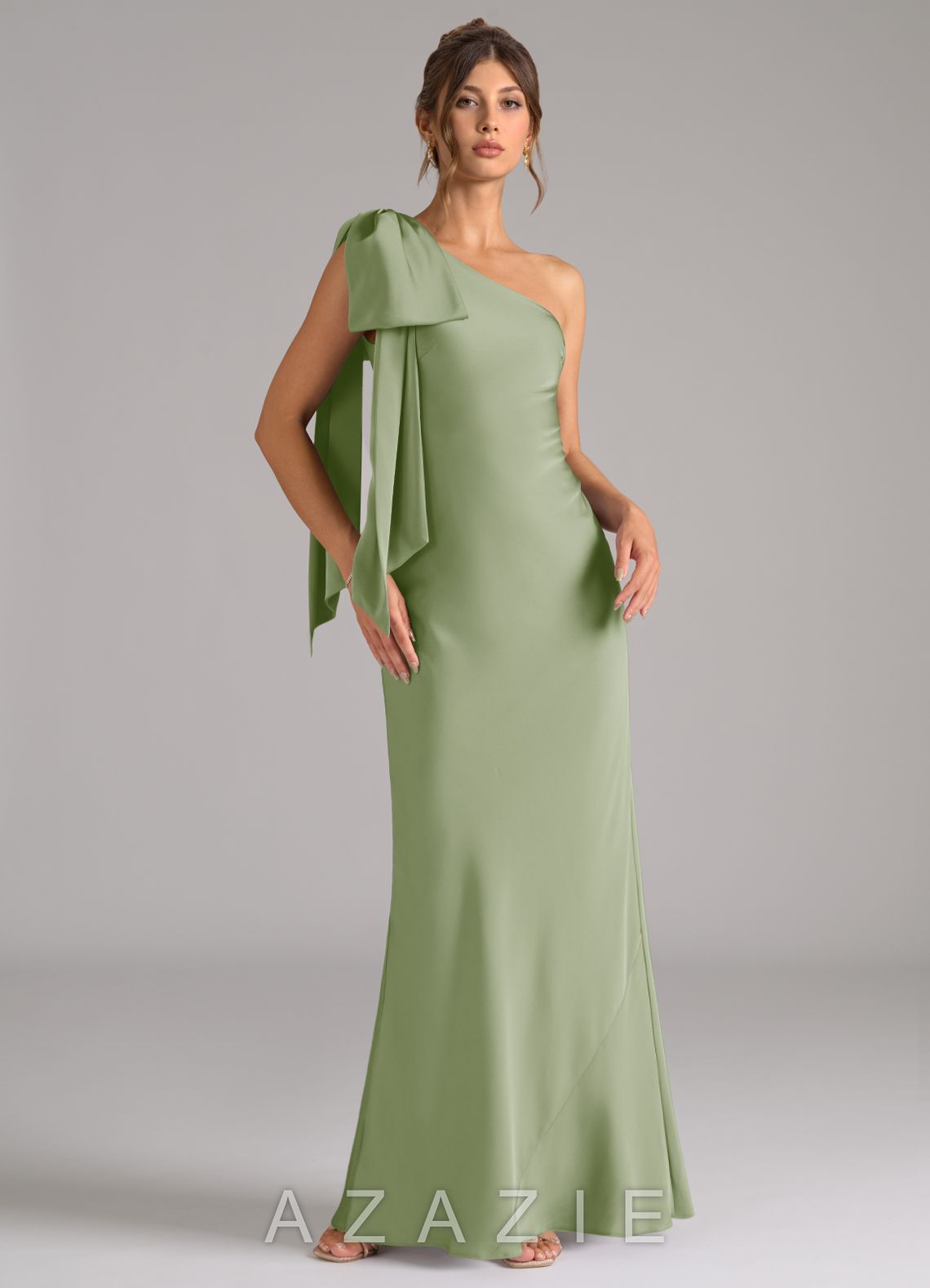 Azazie Capri Dusty Sage Mermaid One Shoulder Stretch Satin Dress