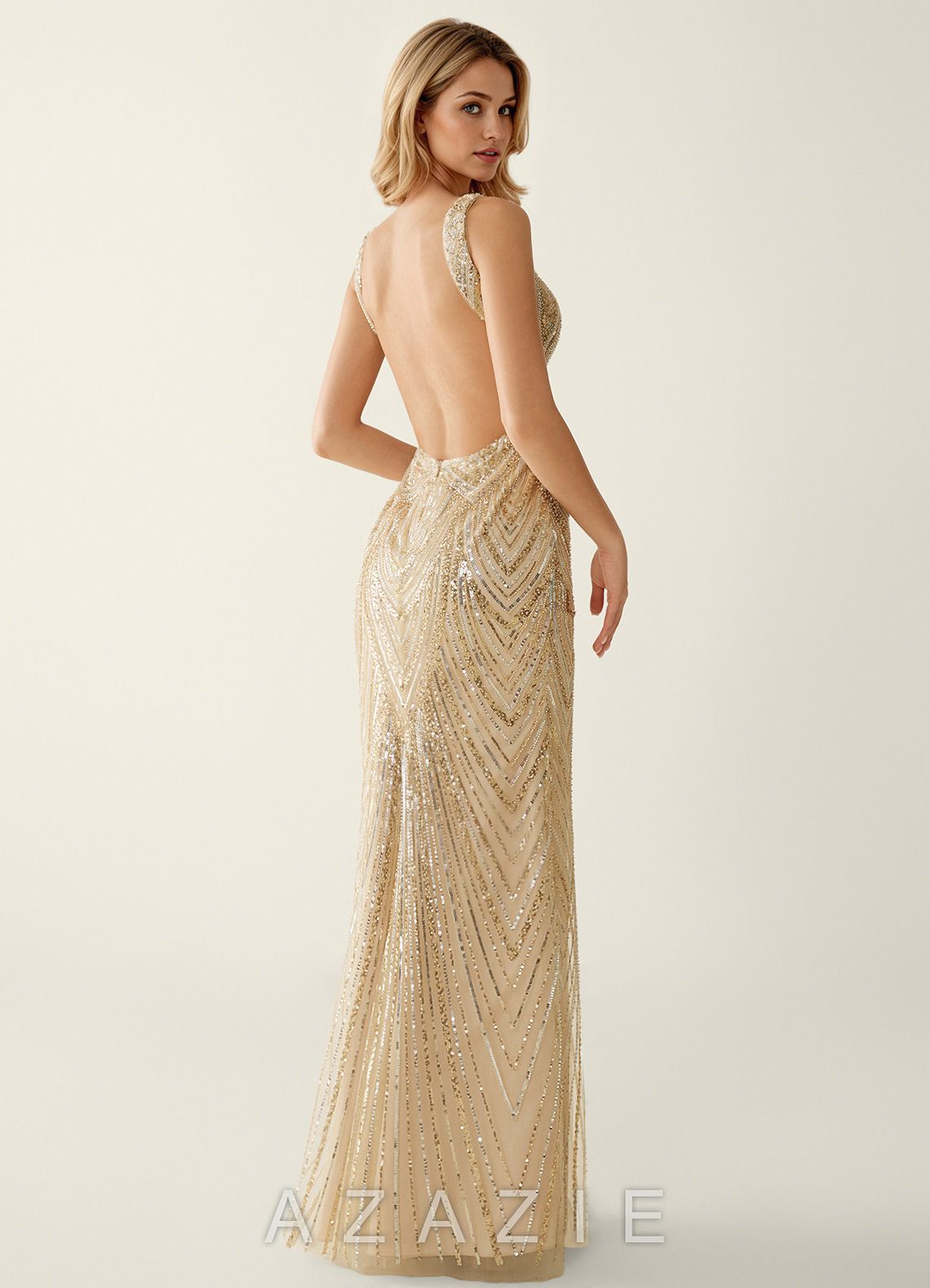 Hazelen Champagne V-Neck Sequined Lace Tulle Prom Dress  sp_champagne_#ce224
