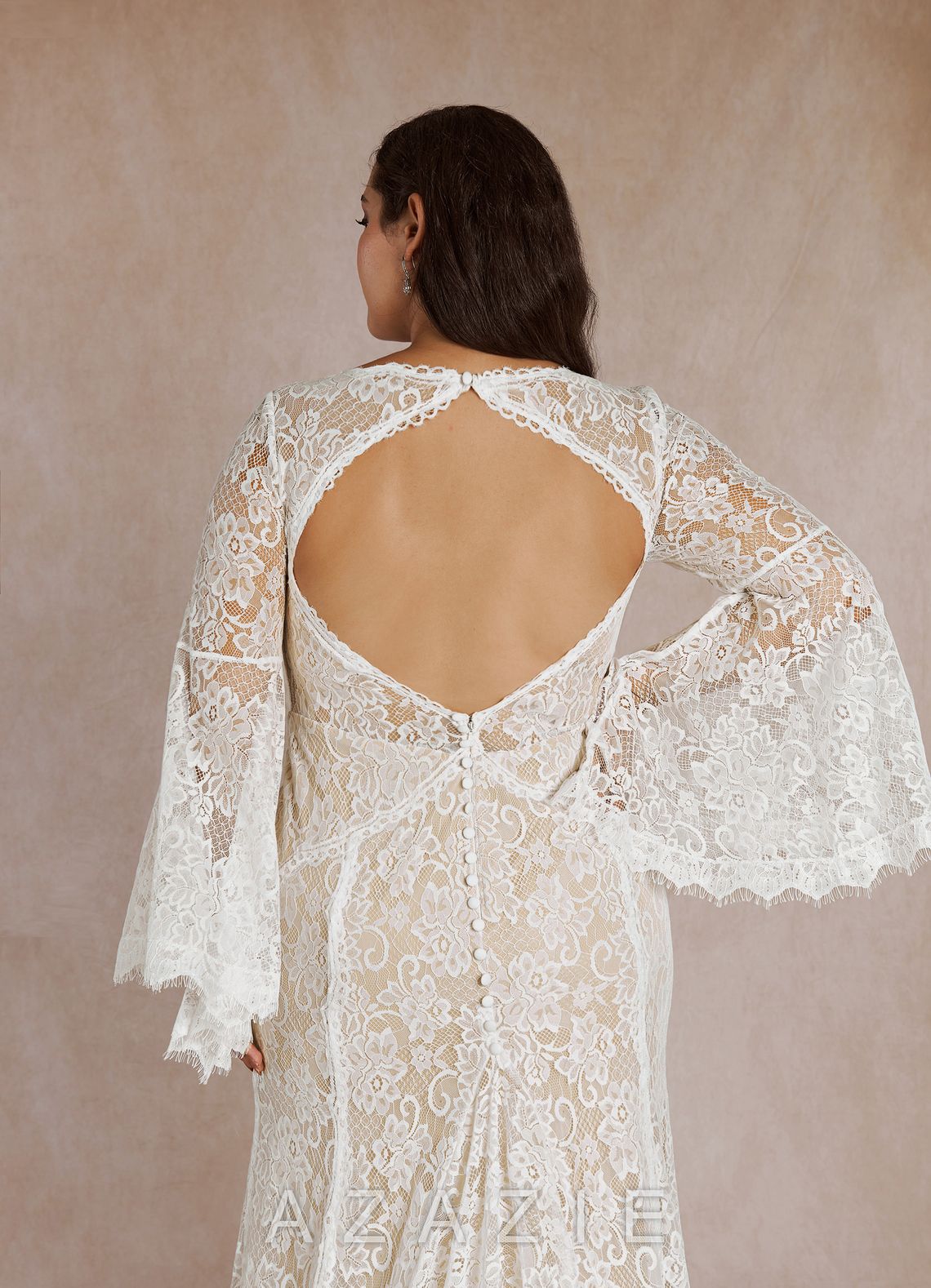 Azazie Hayes Wedding Dress Diamond White Champagne Mermaid V-Neck Lace Dress diamond_white/champagne