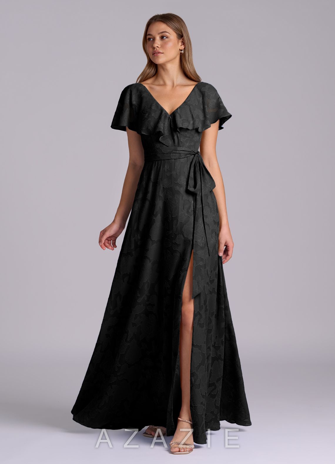 Azazie Lainey Black A-Line with Pockets Floral Burnout Dress black