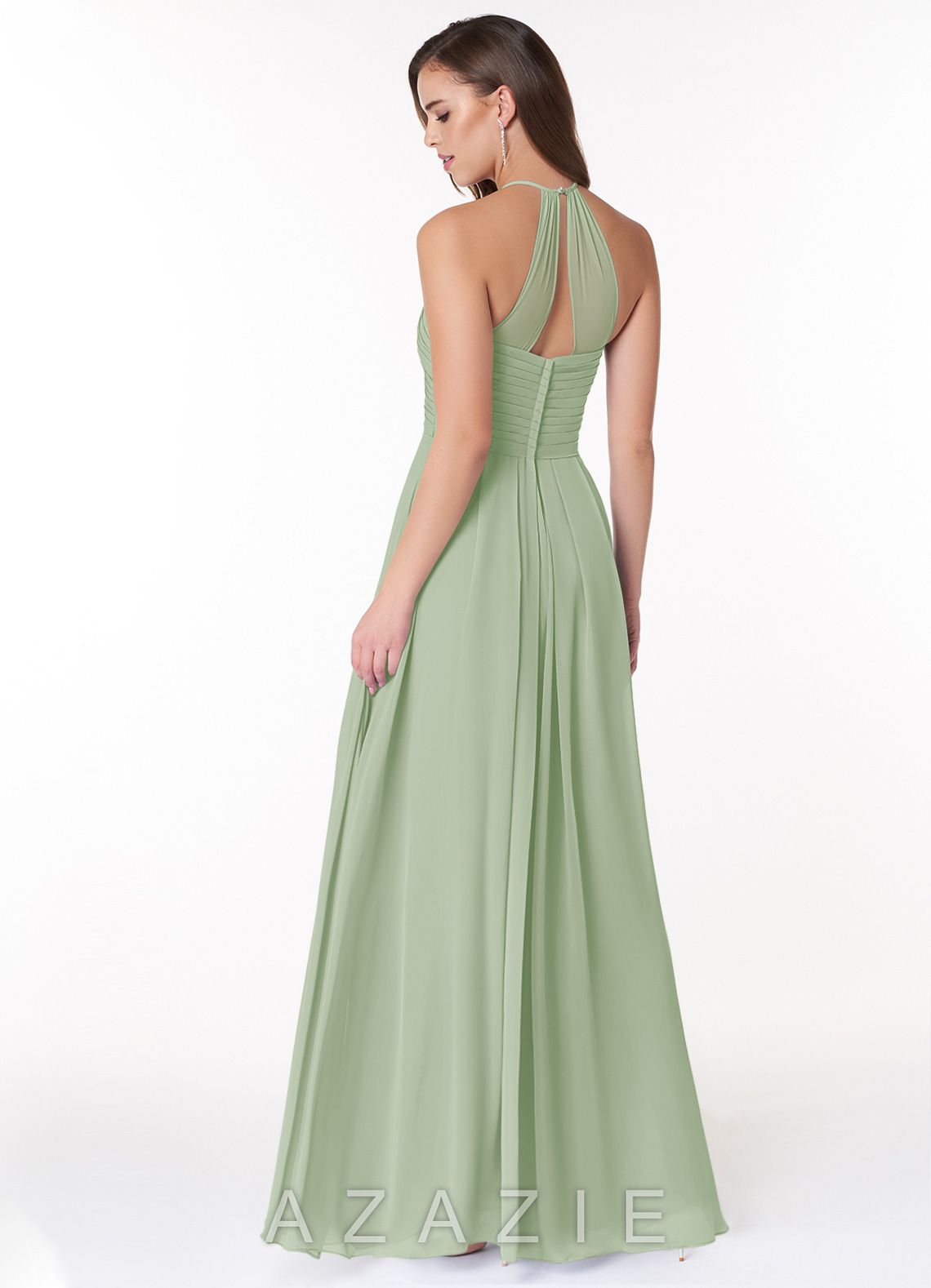 Azazie Ginger Dusty Sage A-Line Halter Pleated Chiffon Dress dusty_sage