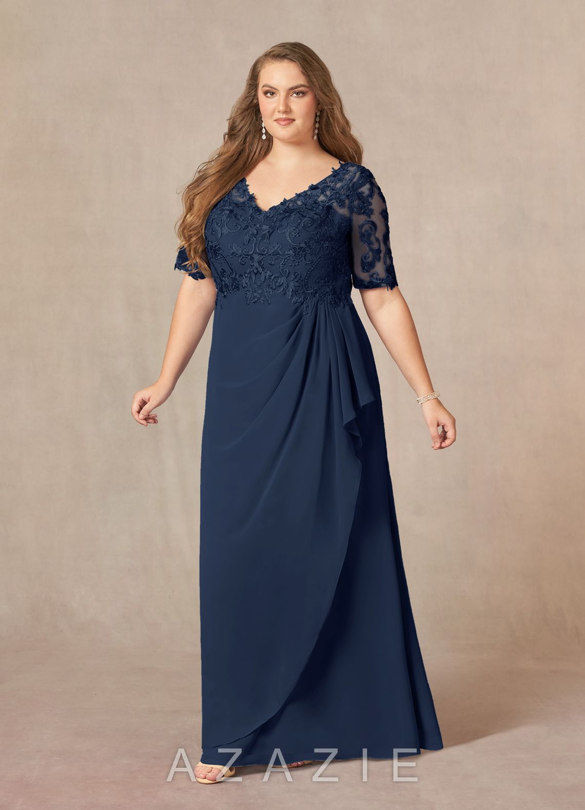 Azazie Amedeus Dark Navy A-Line V-Neck Lace Chiffon Dress dark_navy