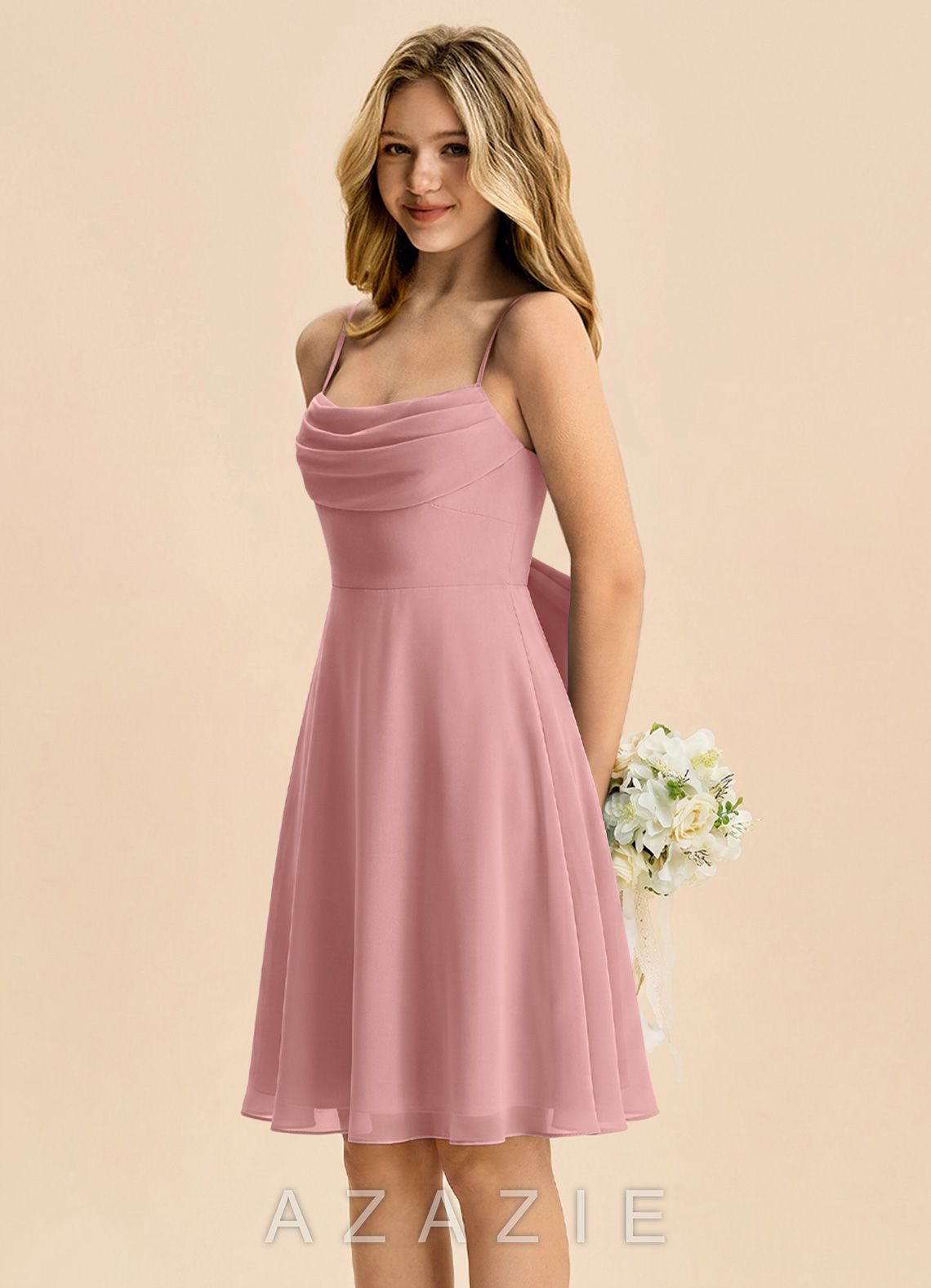 Azazie Bear Junior Dusty Rose A-Line Pleated Chiffon Dress dusty_rose