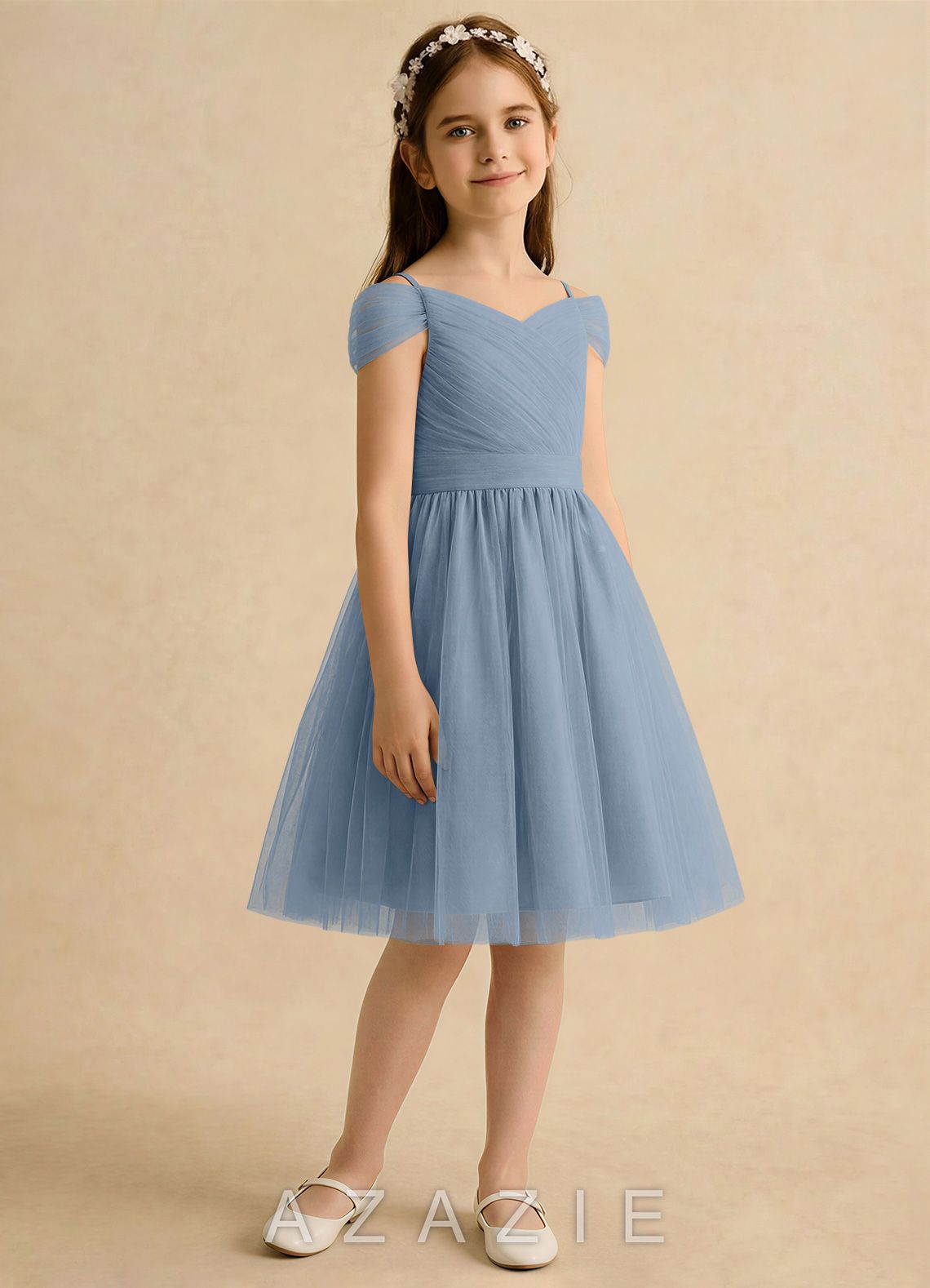 Azazie Lila Girls Formal Dusty Blue A-Line Off the Shoulder Tulle Dress dusty_blue