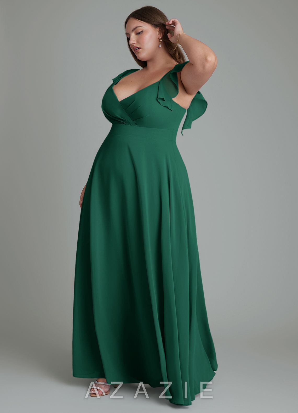 Azazie Leilani Emerald A-Line Pleated Chiffon Dress emerald