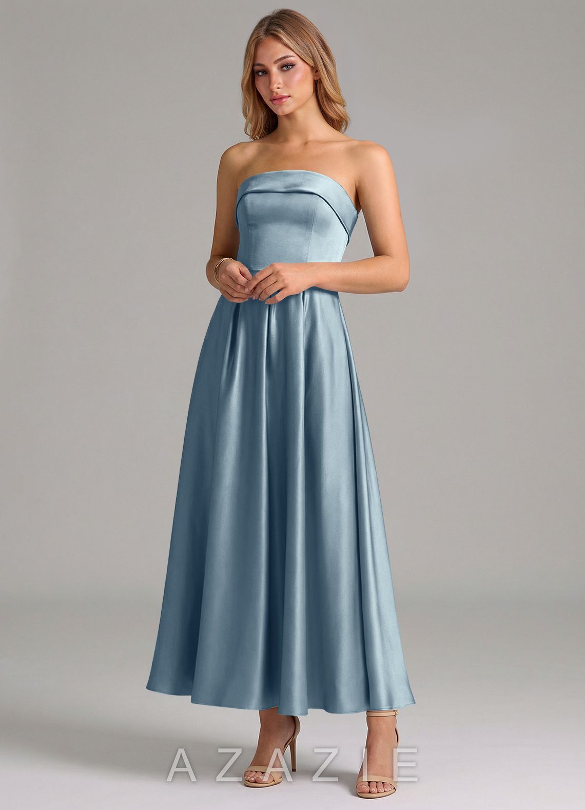 Azazie Lucienne Dusty Blue A-Line Pleated Stretch Satin Dress dusty_blue