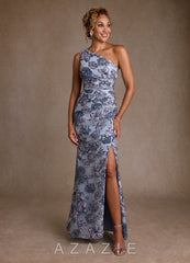 Azazie Joylin Dusty Blue Jacquard Trumpet One Shoulder Floral Jacquard Dress