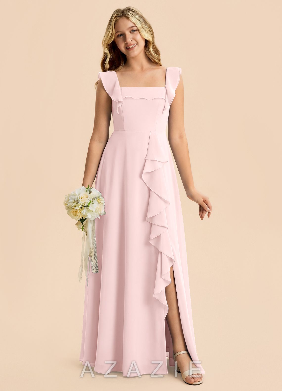 Azazie Nori Junior Blushing Pink A-Line Ruched Chiffon Dress