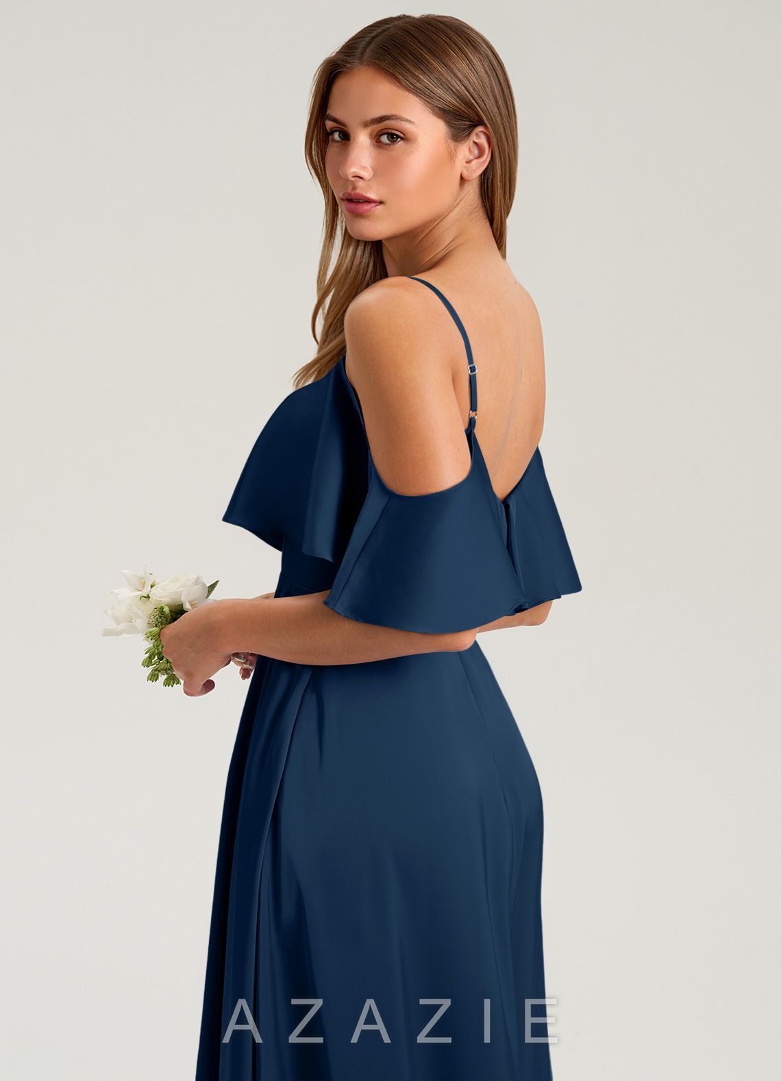 Azazie Jean Dark Navy A-Line Off the Shoulder Stretch Satin Dress dark_navy