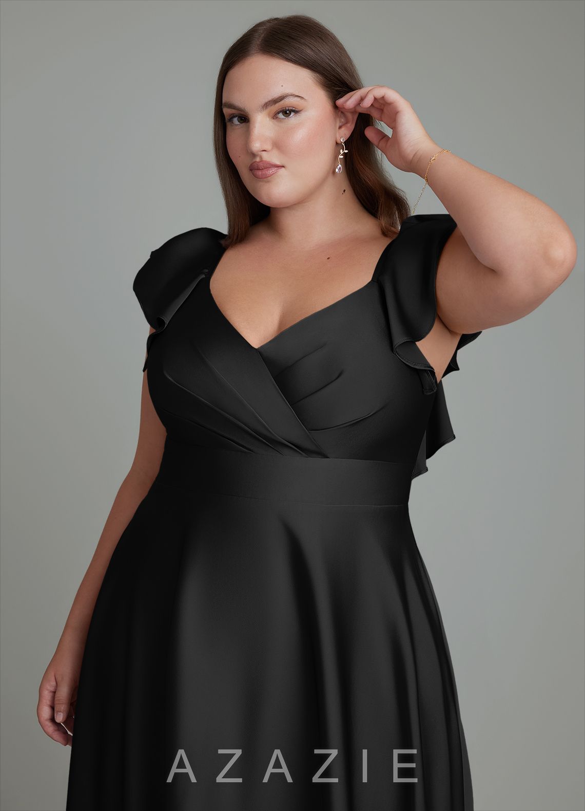 Azazie Leilani Black A-Line Ruched Stretch Satin Dress black