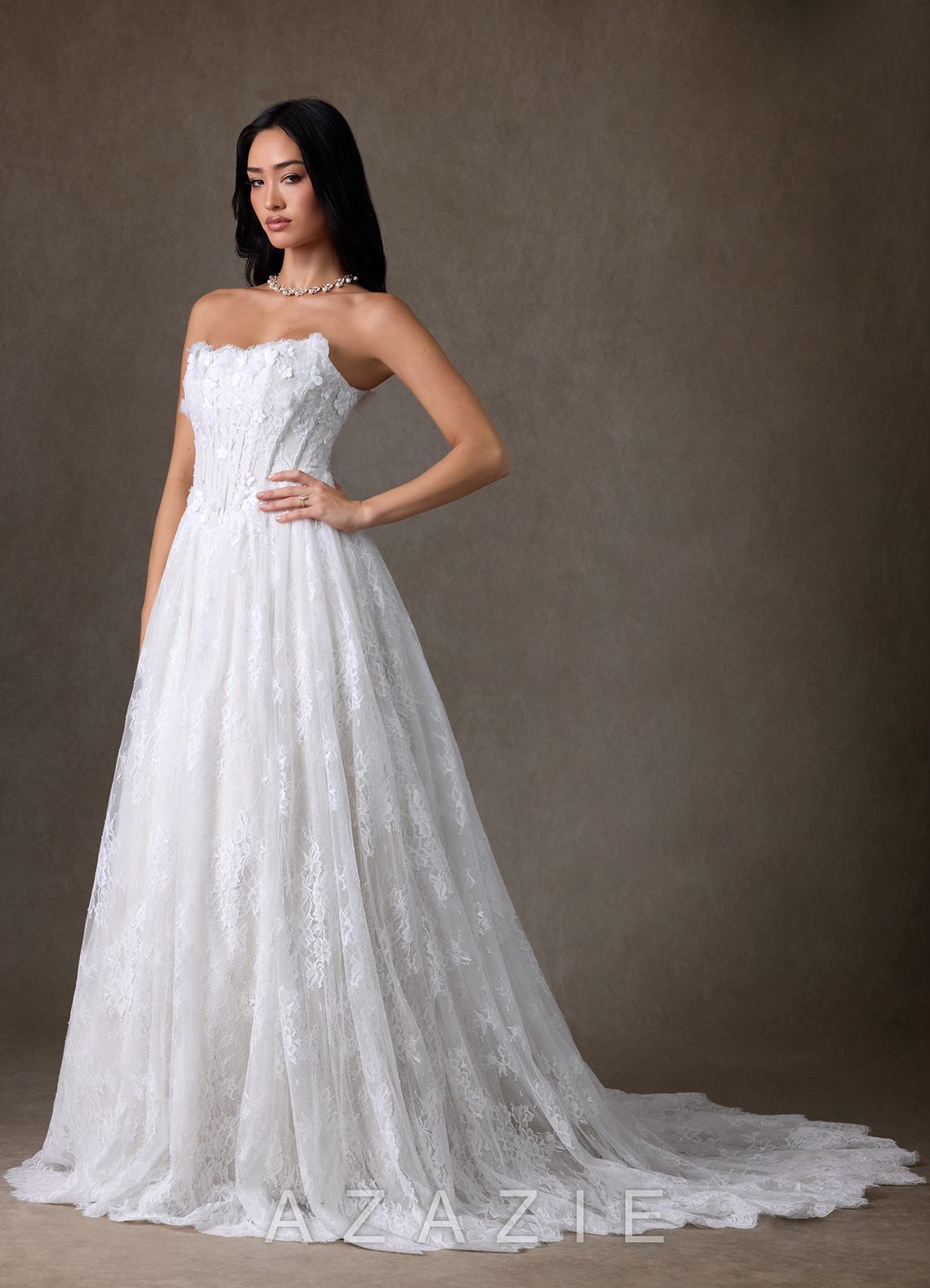 Azazie Vanessa Diamond White Ball-Gown Strapless Lace Dress diamond_white