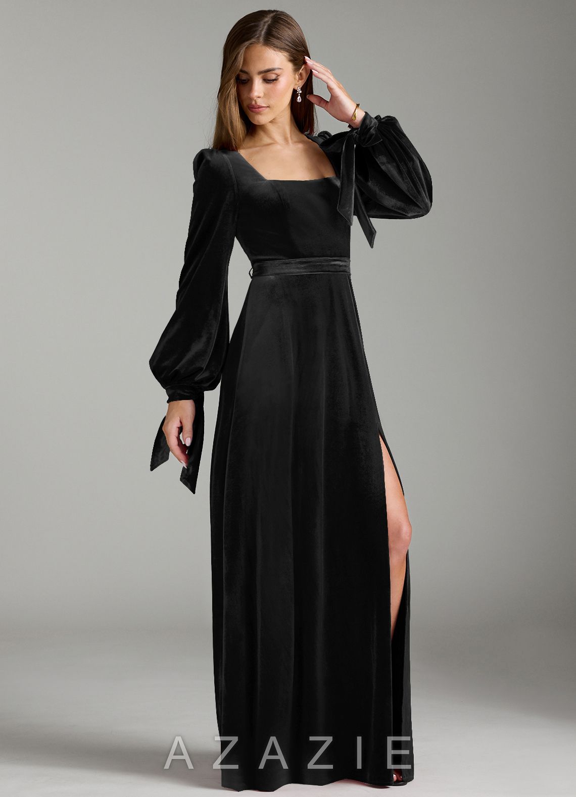 Azazie Leonia Black A-Line Long Sleeve Velvet Dress black