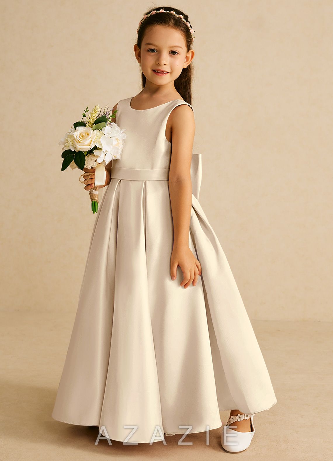 Azazie Pipsy Champagne A-Line Bow Matte Satin Dress champagne