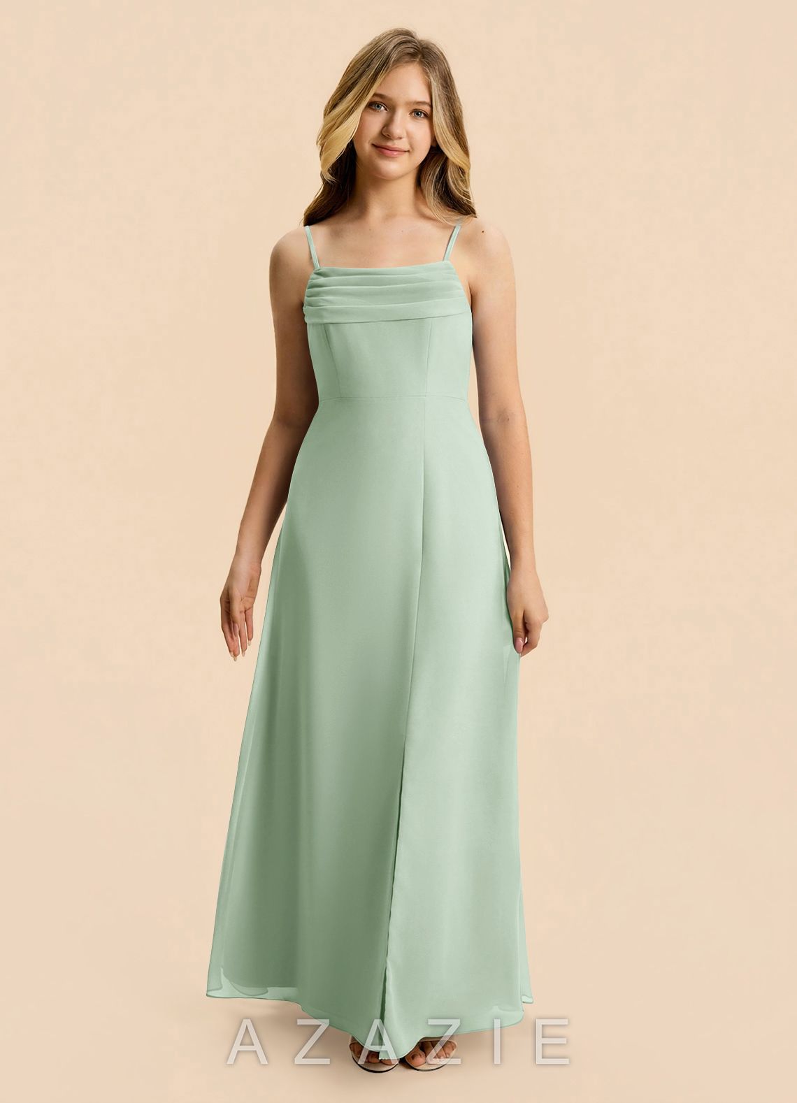 Azazie Lilly Junior Agave A-Line Pleated Chiffon Dress agave