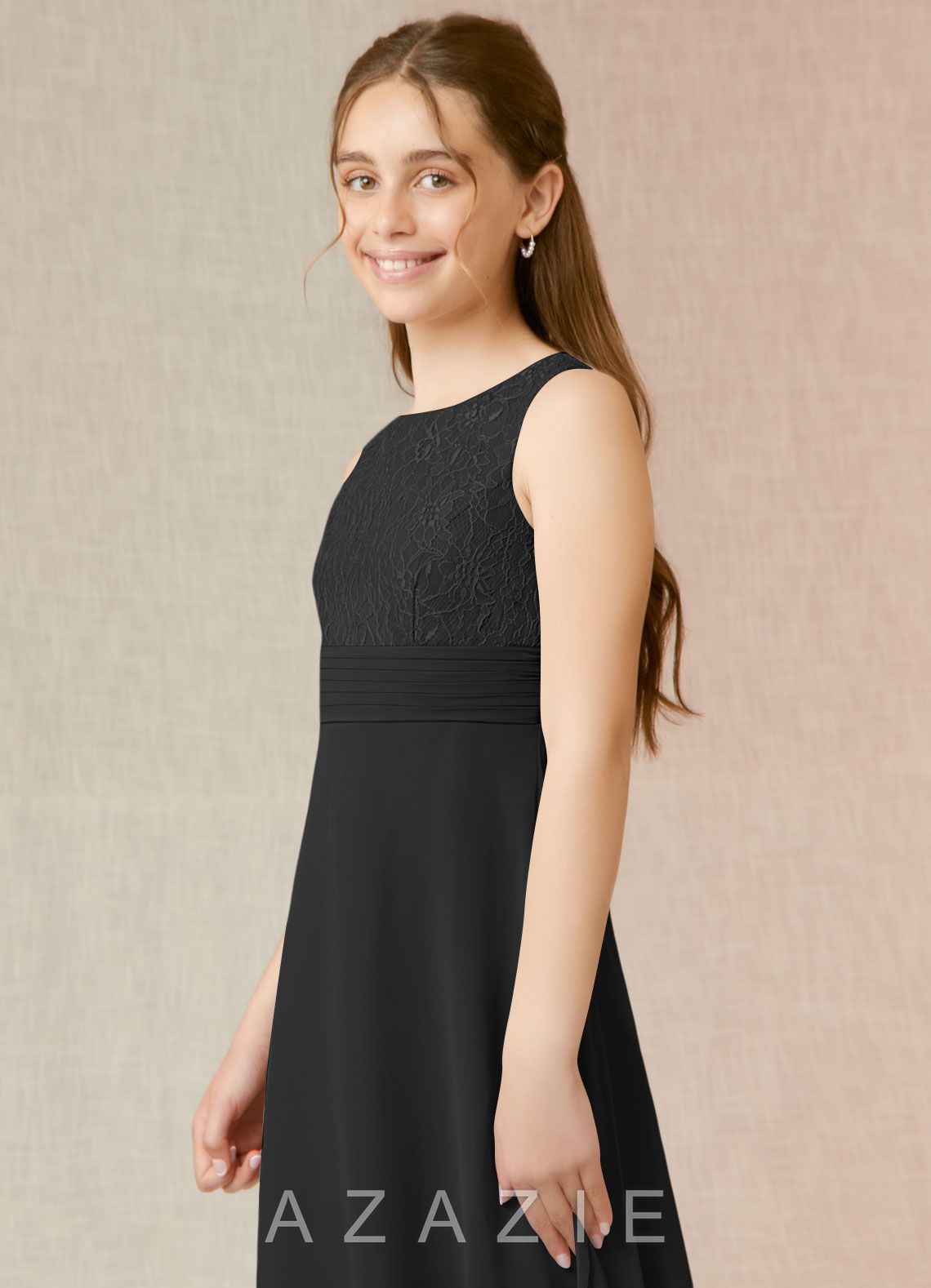 Azazie Snow Junior Black A-Line Lace Chiffon Dress black