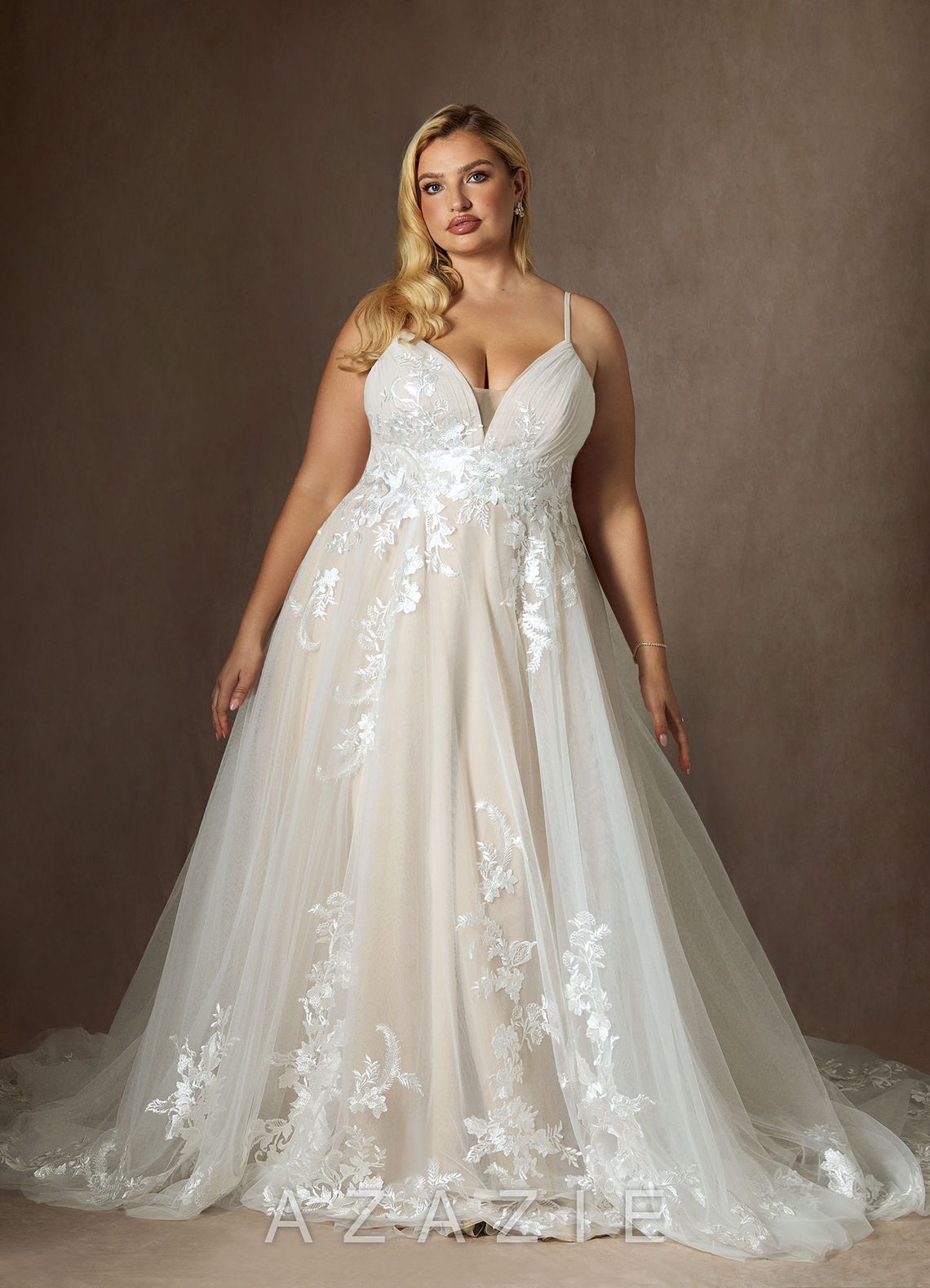 Azazie Rhodes Wedding Dress Diamond White Champagne A-Line V-Neck Sequins Tulle Dress diamond_white/champagne