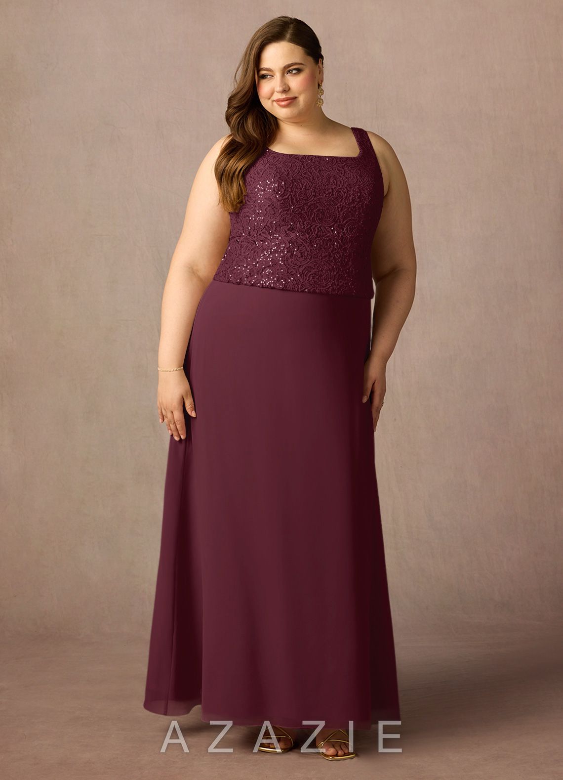 Azazie Cornelia Cabernet Sheath Square Neckline Sequins Chiffon Dress cabernet