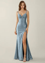 Sylvan Dusty Blue V-neck Hot Rhinestones Corset Prom Dress