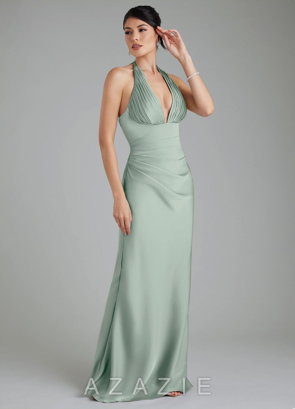 Azazie Torrance Agave Mermaid Corset Stretch Satin Dress agave
