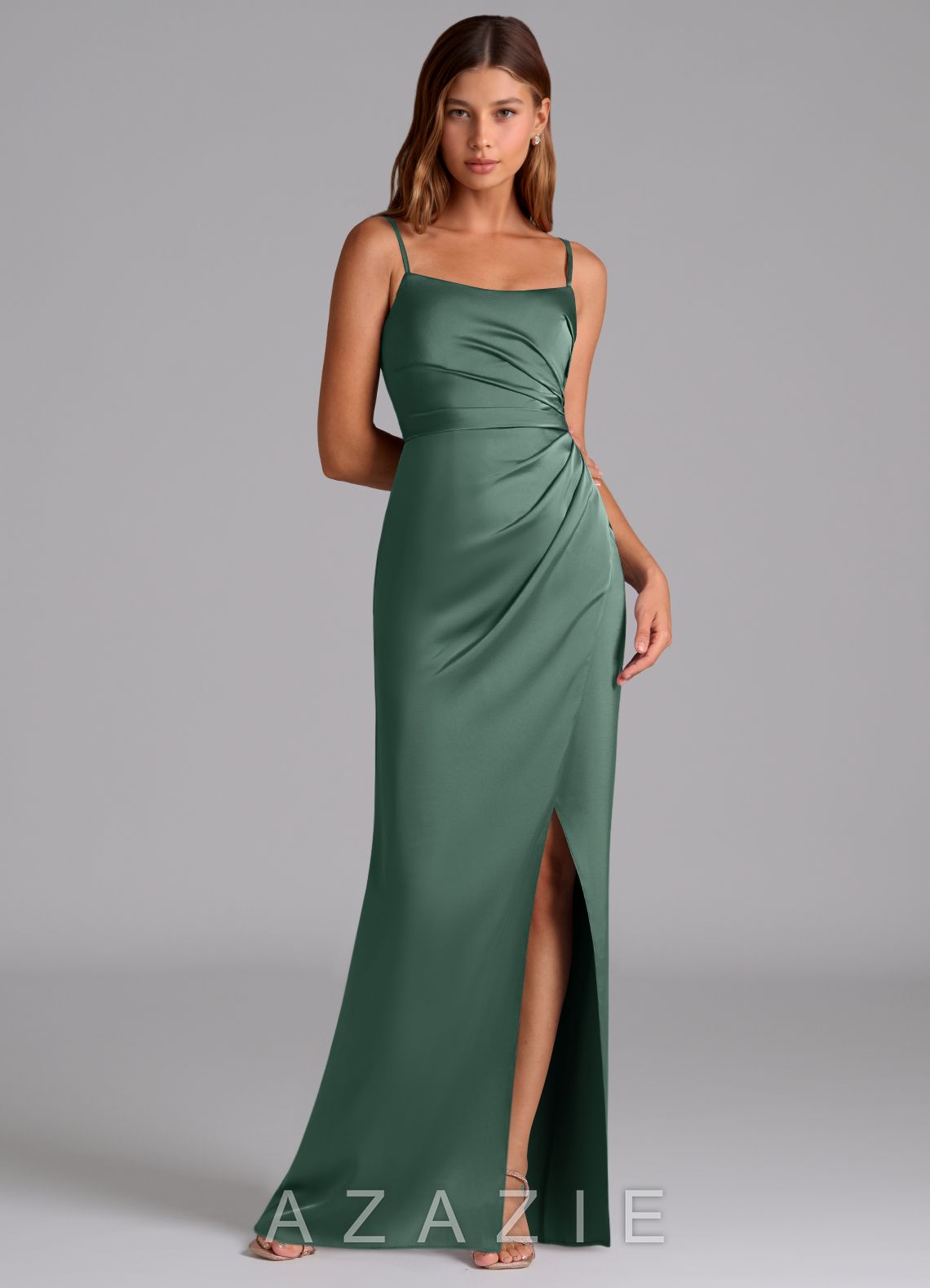Azazie Calandra Eucalyptus Sheath Pleated Stretch Satin Dress