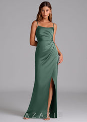 Azazie Calandra Eucalyptus Sheath Pleated Stretch Satin Dress