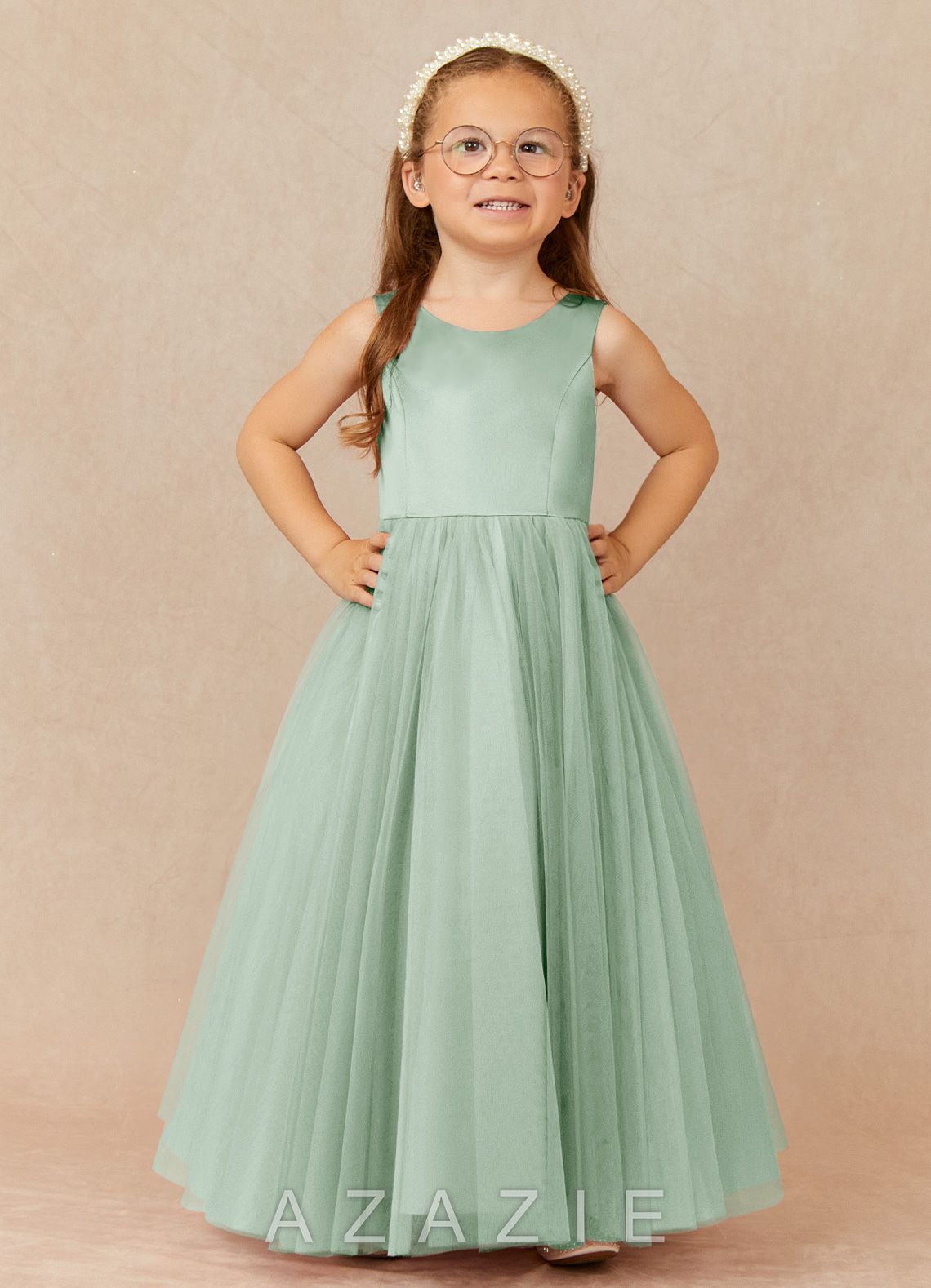Azazie Muni Agave A-Line Bow Tulle Dress agave