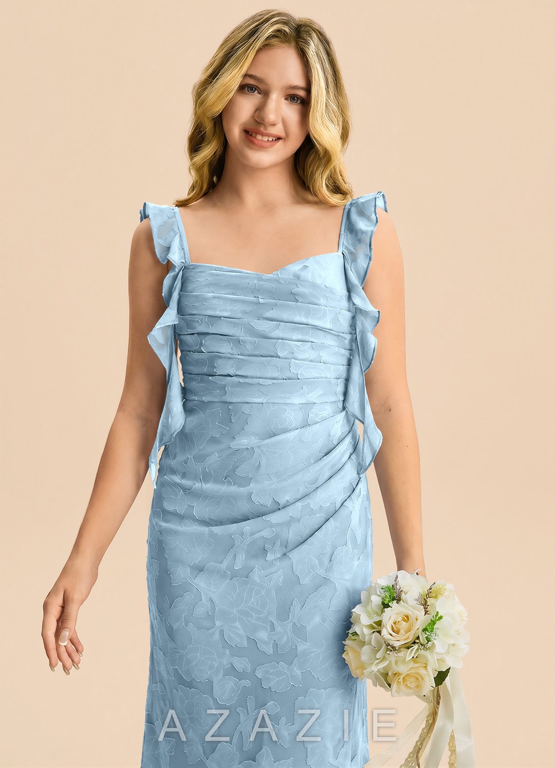 Azazie Jessamine Junior Sky Blue Mermaid Sweetheart Neckline Floral Burnout Dress sky_blue