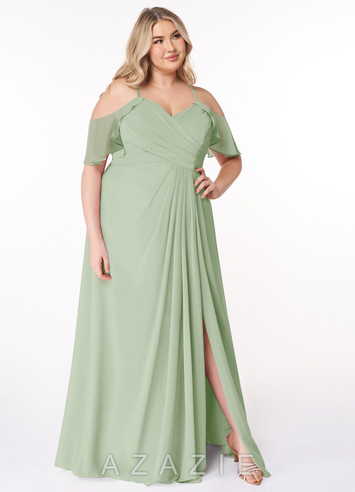 Azazie Dakota Dusty Sage A-Line V-Neck Pleated Chiffon Dress dusty_sage