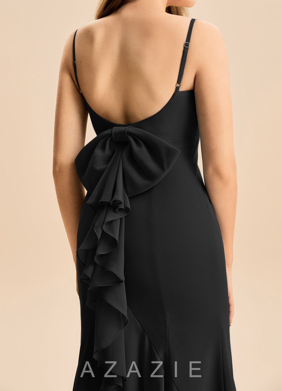 Azazie Lioren Junior Black Mermaid Bow Chiffon Dress black