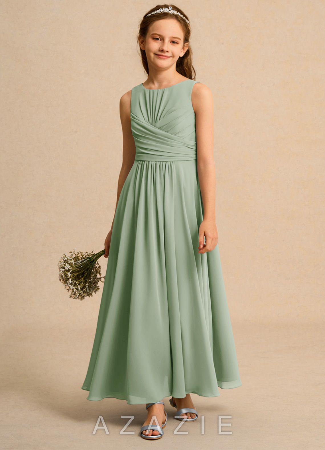 Azazie Ducky Girls Formal Dusty Sage A-Line Pleated Chiffon Dress dusty_sage