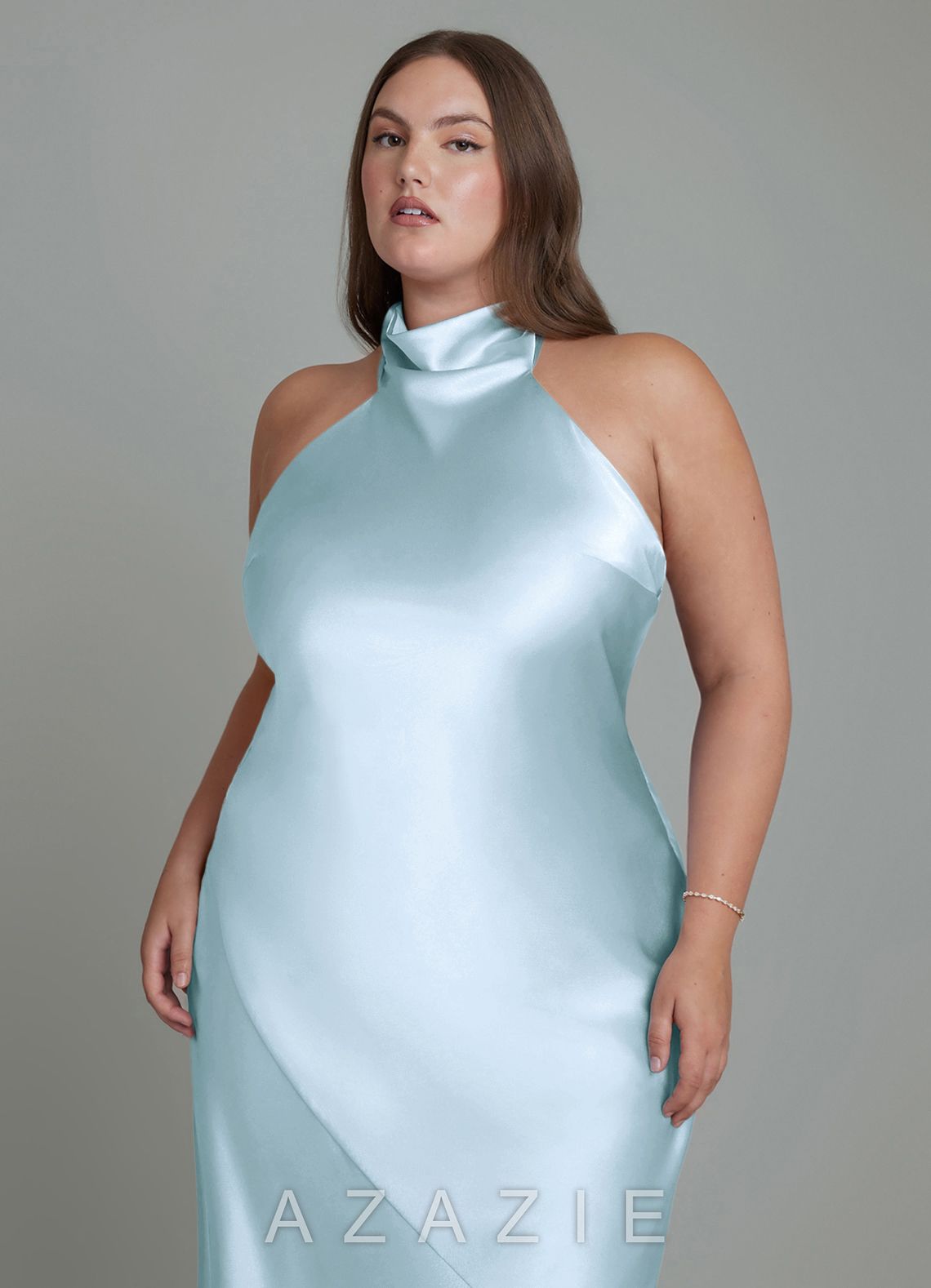 Azazie Velli Sky Blue Sheath High Neck Metallic Satin Dress sky_blue
