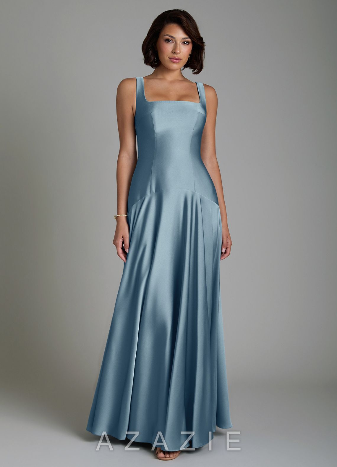 Azazie Reina Dusty Blue A-Line Pleated Stretch Satin Dress