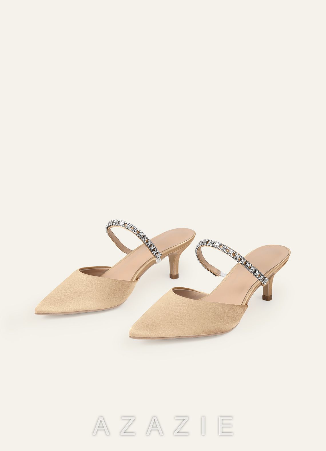 Matching Color Stretch Satin Rhinestone Slip-on Kitten Heels  champagne
