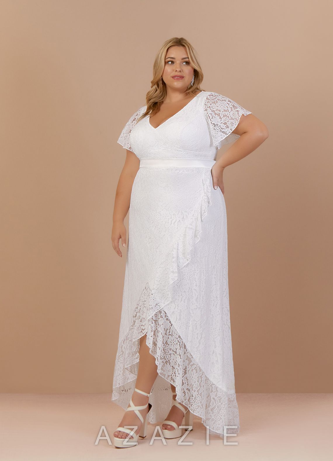 Azazie Lanei Wedding Dress Diamond White A-Line V-Neck Lace Dress diamond_white